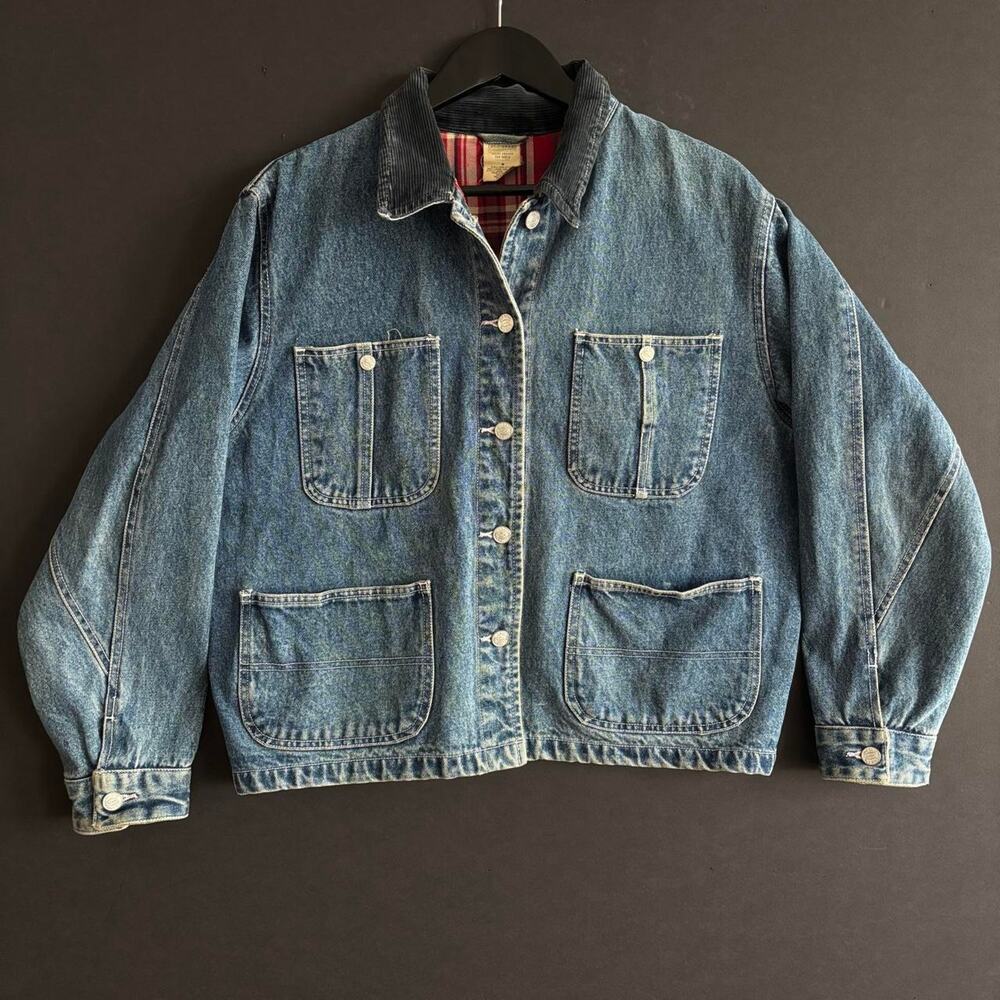 VTG 90s Old Navy Denim Chore Utility Jacket Plaid Lined Workwear - Size M